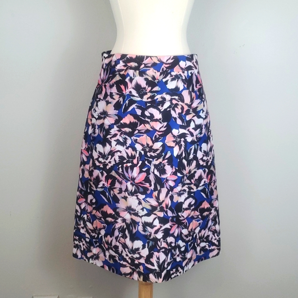 Sz2 J.Crew Blue Floral A-Line Knee Length Skirt